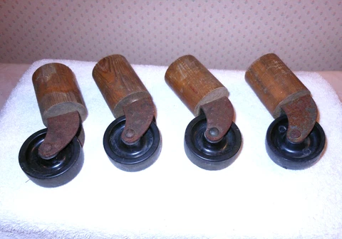 Set of 4 Vintage Mid Century Primitive Wood & Hard Plastic Caster Wheels Cover