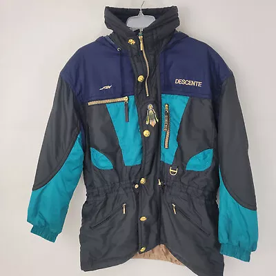 DESCENTE Mens Jacket EXTRA LARGE Indian Headdress Black Blue Southwest VTG *HOLE - Image 1 of 4