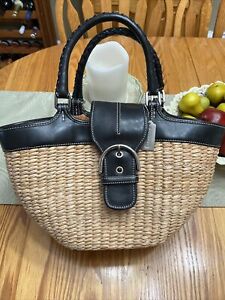 Auth COACH - 6771 Beige Black Straw Leather Tote Bag