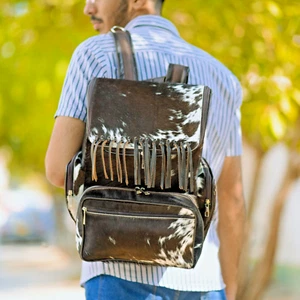 Cowhide Leather Brown Western Fringes Bag Unique Travel Backpack laptop space - Picture 1 of 7