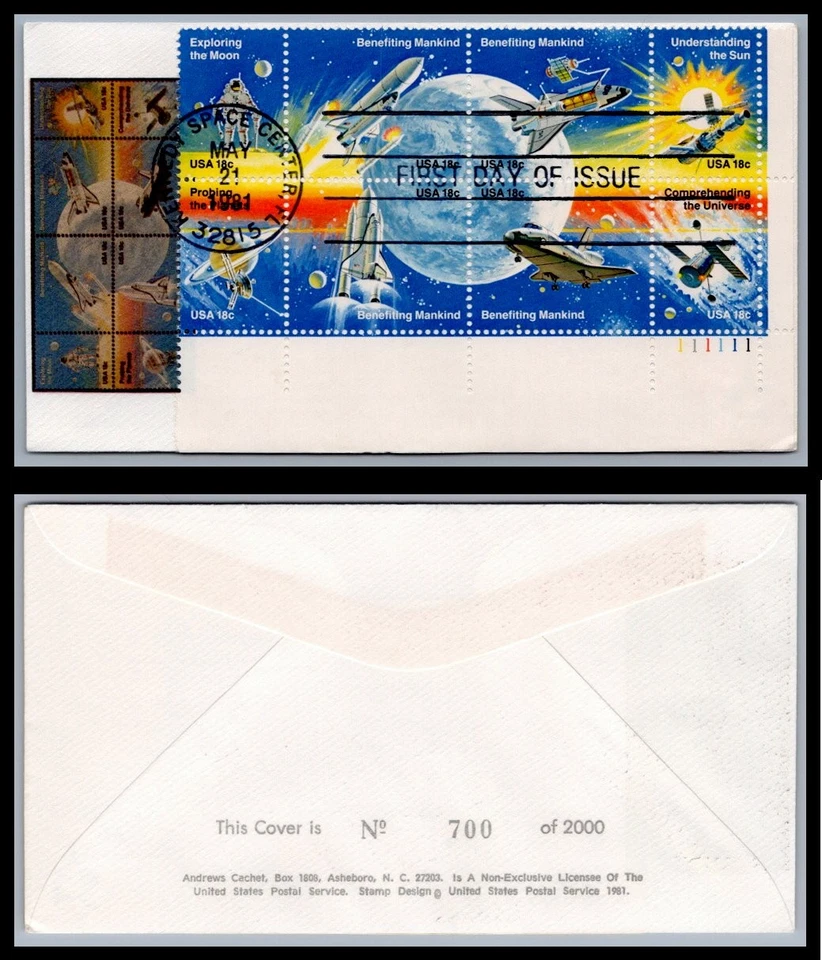 US FDC # 1912-1919 18c Space Achievement  Andrews Plate Block LR 1981, 9Q958 - Image 1 of 1