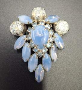 Vtg Glass Confetti Striped and Faux Moonstone Rhinestone Brooch Light Blue  - Picture 1 of 4