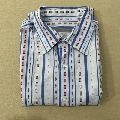 Martin Gordon Shirt Mens Large Blue Button Embroidered Textured Striped - Image 1 of 4