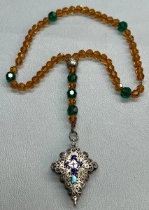 Antique Rosary Necklace Filigree Silver Enamel Cross Amber & Green Faceted Beads - Picture 1 of 9
