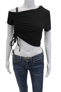 Superdown Womens Stretch Ruched Asymmetrical Cropped T-Shirt Top Black Size S - Picture 1 of 6