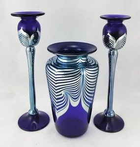 Signed Correia Cobalt Blue Vase + Candle Holder Set w/Silver Pulled Feather - Picture 1 of 12