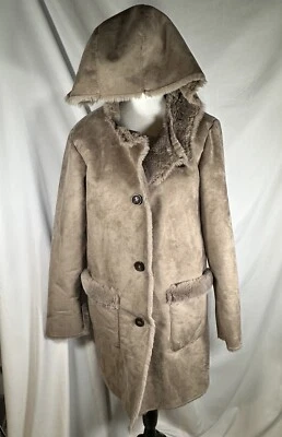 Laura Scott 女式麂皮绒人造毛皮衬里纽扣连帽棕褐色女式 M 码 — 第 1/4 张图片