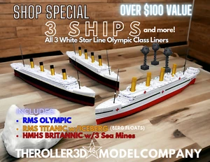 RMS Titanic, Britannic, Olympic 12" Model 3 Ship Bundle with Iceberg & Mines - Picture 1 of 9