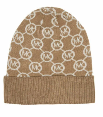 NUEVO CON ETIQUETAS GORRO MICHAEL KORS CAMEL OSCURO JET SET MK ESTAMPADO LOGOTIPO BECERRO TALLA 0/S Foto 1 de 4