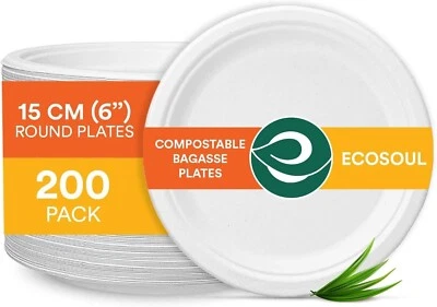 Eco Soul Pearl White Round 15cm(6") Bagasse Plates Disposable Pack of 200