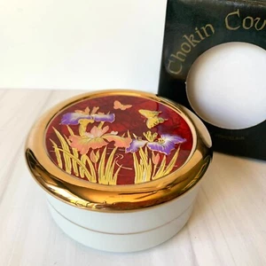 Chokin Trinket Box RARE Color Porcelain Japan 24K Gold Iris Flower Butterfly 390 - Picture 1 of 11