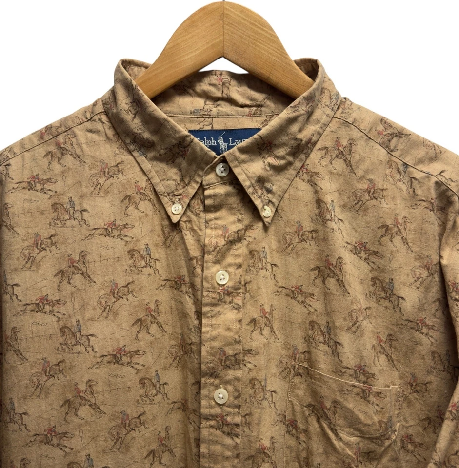 Camisa Ralph Lauren De Colección Para Hombre XL Marrón Ecuestre AOP Caballos Abotonada L/S Usada en Excelente Condición Foto 1 de 4