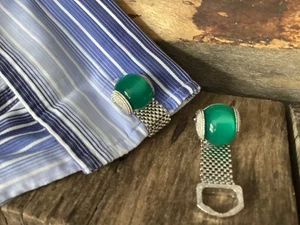 Vintage Swank Mesh Wrap Around Cufflinks Green Moonstone Effect Mod 1970’s - Picture 1 of 14