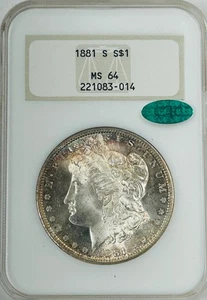 1881 S Morgan Silver Dollar NGC MS64 CAC Green Nicely Toned/Old Fatty Holder - Picture 1 of 8