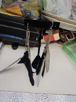 Earrings Pierced French Wire Silvertone Feathers Black Leopard Print Chains... - Image 1 of 4