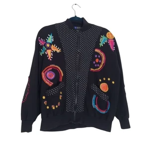 Vintage Womens 80s Retro Black Jacket Cardigan Size L Artsy Electric Funky - Picture 1 of 6