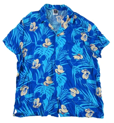 Camisa Hawaiana Disney Mickey Mouse 100% Azul Rayón Manga Corta Abotonada XXL Foto 1 de 4