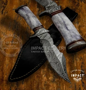 IMPACT CUTLERY RARE CUSTOM ART DAMASCUS BOWIE KNIFE CAMEL BONE - Picture 1 of 15