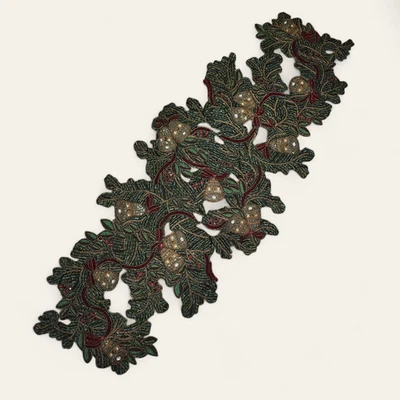 Kim Seybert Christmas Holiday Red & Green Glass Beaded Table Runner Holly Bells - Image 1 of 4