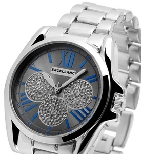 Damenuhr Armbanduhr Grau/Blau/Silber Crystal Chronolook Metallarmband Excellanc