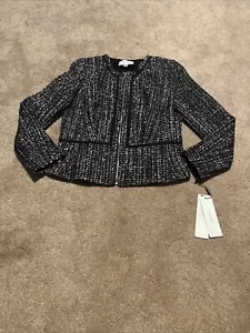 NEU schwarz Tweed durchgehender Reißverschluss Blazer Jacke Calvin Klein Wollmischung UVP $ 159 Gr. 8 - Bild 1 von 10