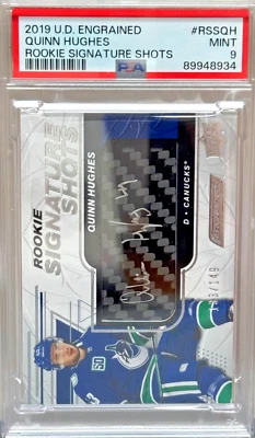 2019-20 Upper Deck Engrained Quinn Hughes Rookie Signature Shots PSA 9 - Image 1 of 2
