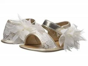 Baby Deer Ivory Lace Champagne Sandals with Chiffon Flower  Baby Size 0 1 2 3 - Picture 1 of 1
