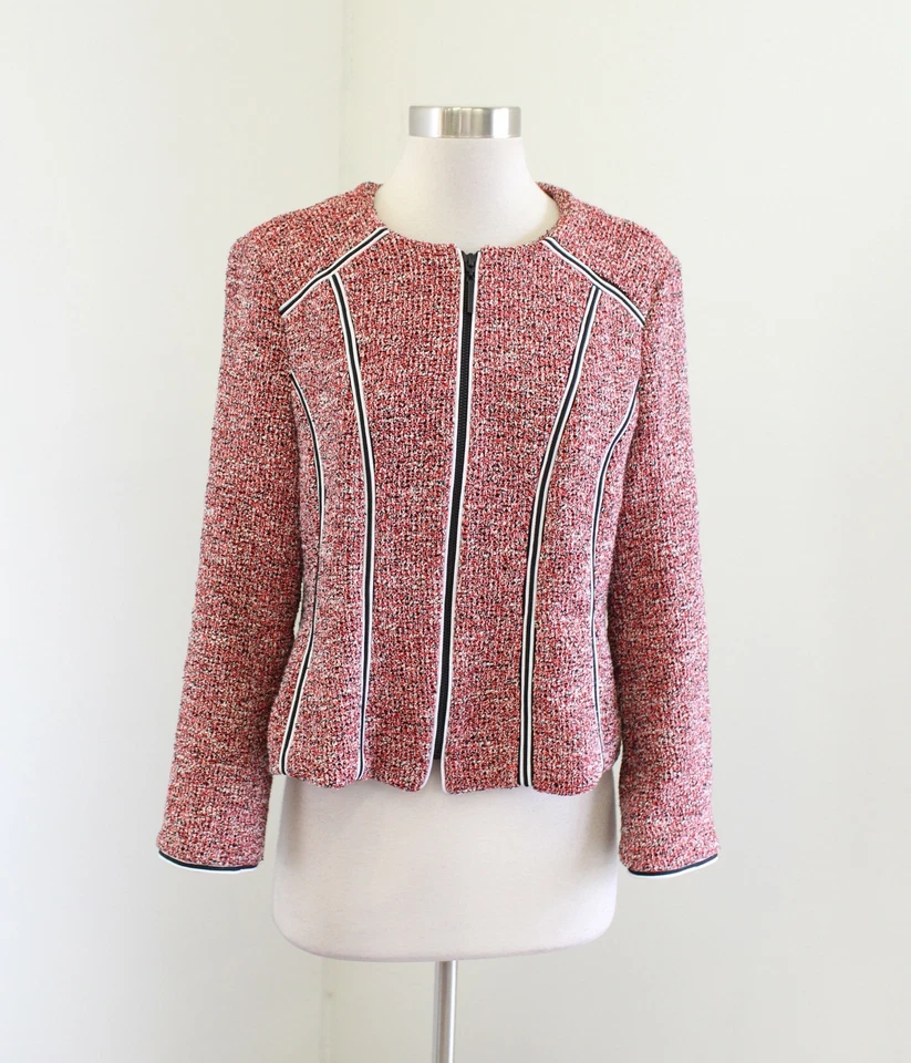 Chaqueta Blazer Nanette Lepore Roja Negra Blanca en Forma de Tweed Sin Cuello Cremallera Frontal 8 Foto 1 de 4