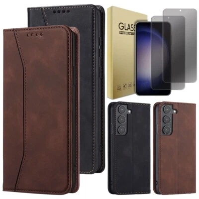 For Samsung S23+/S23 FE Leather Flip Magnetic Case Cover Privacy Tempered Glass - Image 1 of 4
