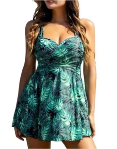 NWT-COCOPEAR SWIM DRESS,SKIRTED,SHORTS UNDER SKIRT BUILT IN BRA,4XL,GREEN/BLACK. - Picture 1 of 10