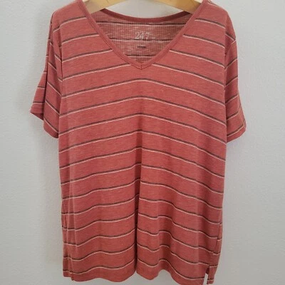 Maurices 24/7 Top Tee Womens 1X Orange Striped Scoop V Neck Loose Soft Ribbed - Image 1 of 4