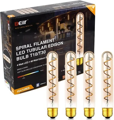 4 Beilf Spiral Filament LED Tubular Edison Bulb T10 (T30), E26 Base, 4W Dimmable - Image 1 of 4