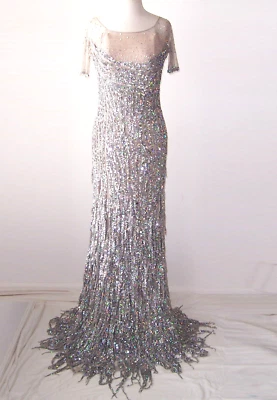 BLUMARINE Silver Tulle Iridescent Sequin Embellished Fringe Dress Gown 40 2  4 - Image 1 of 4