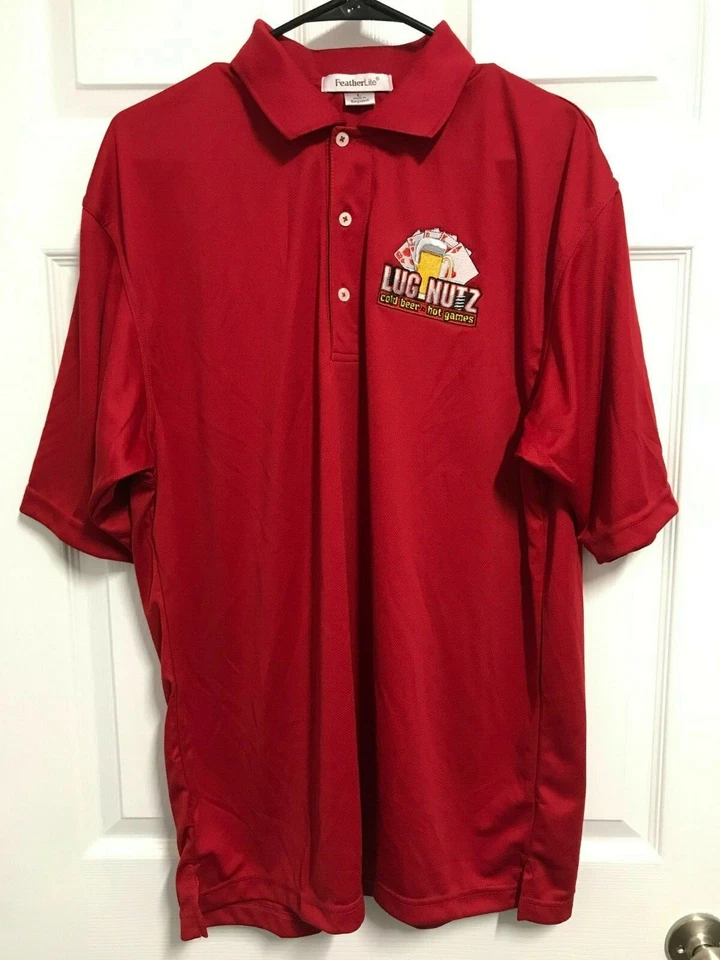 LUG NUTZ Beer Games Men Red Short Sleeve Golf Polo Shirt L FeatherLite NEW - Image 1 of 4