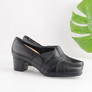Clarks Womens Rosalyn Adele Loafer Size 8.5 WIDE Black Leather Block Heel Shoe - Picture 1 of 14