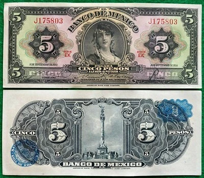 1954 Мексика 5 песо GYPSY UNC мексиканские банкноты синий печати серии EK префикс J - Изображение 1 из 4