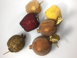 Vintage Beaded Faux Fruits Apple Pear Pomegranate Gold Yellow Brow Red Set of 6 - Picture 1 of 6