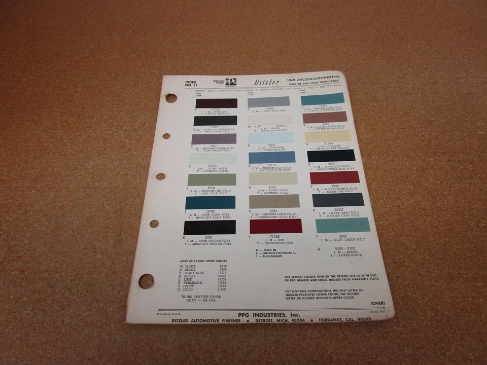 Lincoln Continental Mark III 1969 69 pintura color chip hoja de tabla Foto 1 de 1