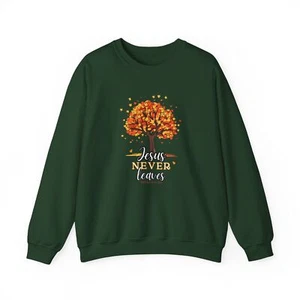 Jesus Never Leaves Fall Christian Unisex Heavy Blend™ Crewneck Sweatshirt - Picture 1 of 25