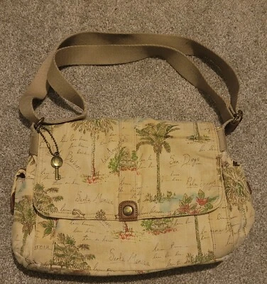 FOSSIL Canvas Crosbody Bag Purse Khaki Tan Brown Tropical California Theme - Image 1 of 4