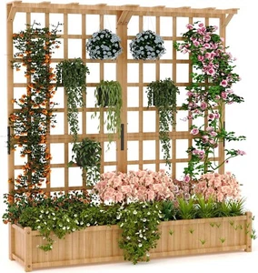 Two-Tier Wooden Planter Box with Trellis, Elevated Raised Bed for Flowers & Vegi - Picture 1 of 7