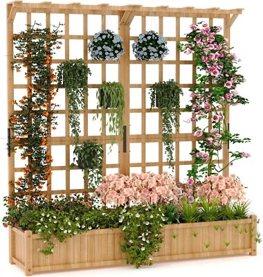 Two-Tier Wooden Planter Box with Trellis, Elevated Raised Bed for Flowers & Vegi - Image 1 of 4