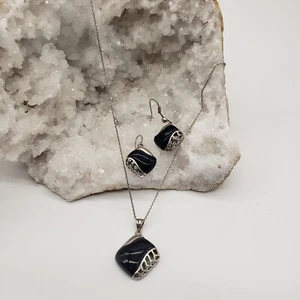 Vintage Matching Sterling Silver925 & Black Onyx Necklace and Earrings Set - Picture 1 of 10