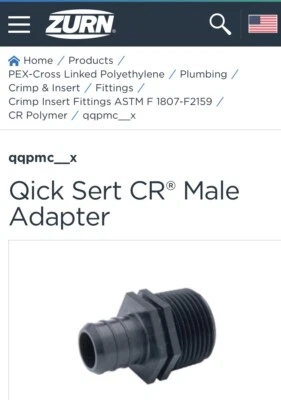 1/2” Inch ZURN QQPMC33X Poly Male NPT X PEX QickSert CR Barbed Adapter  (QTY 50) - Image 1 of 3