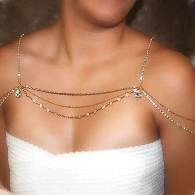 KörperKette gold Schulter Strass Kette Hochzeit Braut Halskette Schulterfrei - Bild 1 von 4