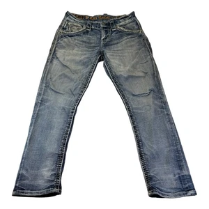 Pantalones de mezclilla para hombre Rock Revival "Lucian" inserciones de cuero ajustados rectos 29 X 27 ¡Leer!! - Imagen 1 de 13