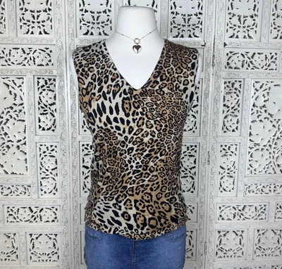 George Silk Blend Leopard Print V Neck Ribbed Sleeveless Tank Top Sweater Vest - Image 1 of 4