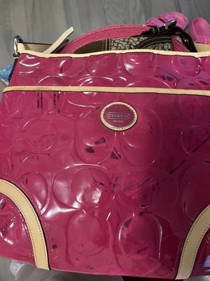 COACH Purse Peyton Embossed Patent Leather Conv Hobo Bag F20022 Magenta/Tan - Image 1 of 4