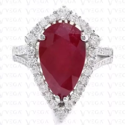 6.80ct Pear Shape Red Natural Ruby Gemstones Diamond Ring 18K White Gold Plated - Image 1 of 4