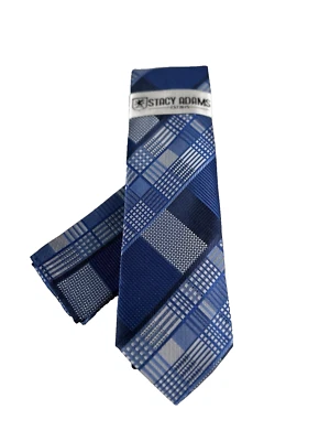 Stacy Adams Men's Tie & Hanky Royal Blue Silver Navy Blue Plaids 3.25" Wide - Image 1 of 4